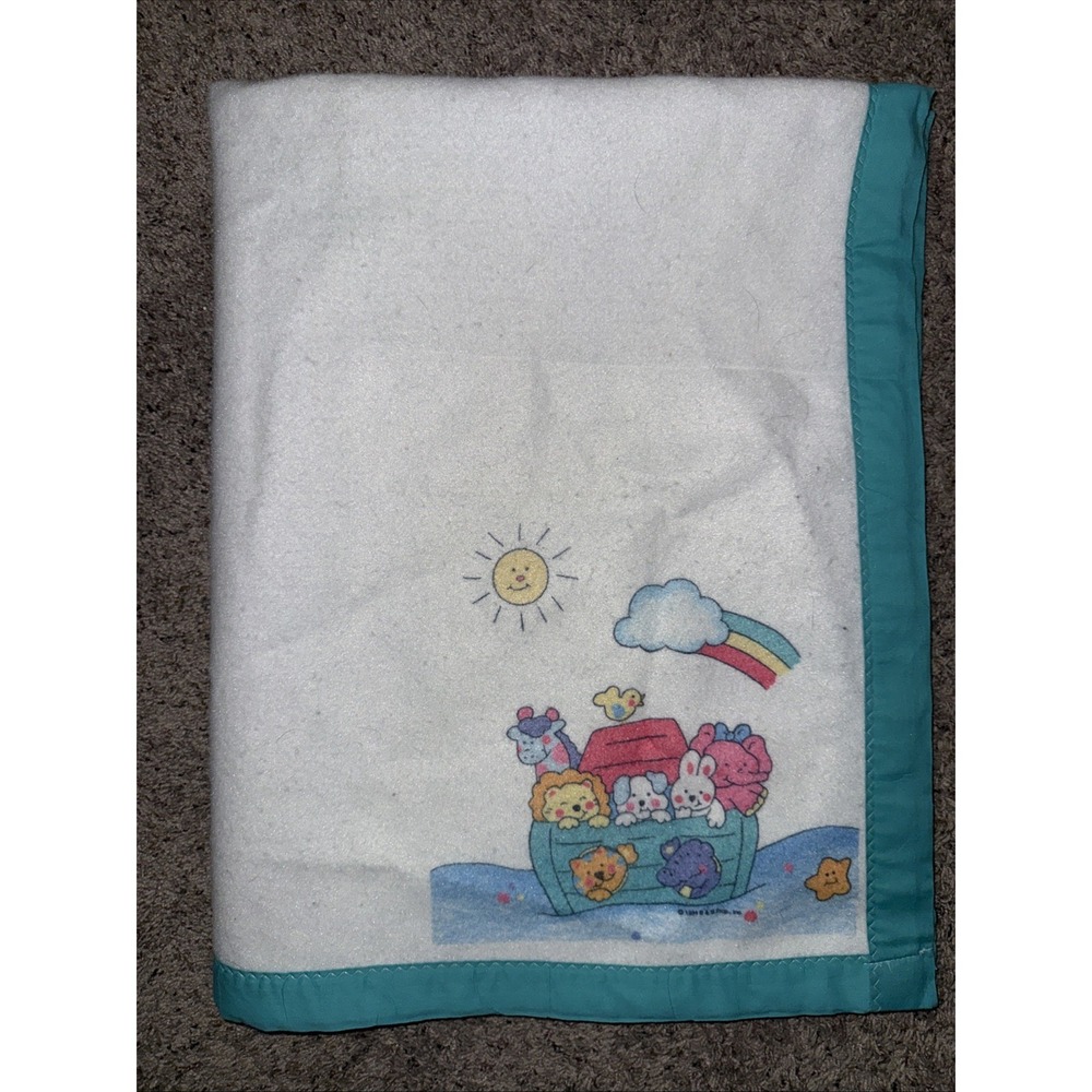 Vintage 1994 Riegel White Baby Blanket Animals Noah's Ark Turquoise Nylon‎ Trim